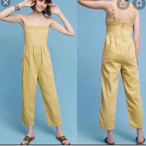 ANTHROPOLOGIE Postmark Jumpsuit Muted Mustard Yellow Cotton Lyocell Linen M